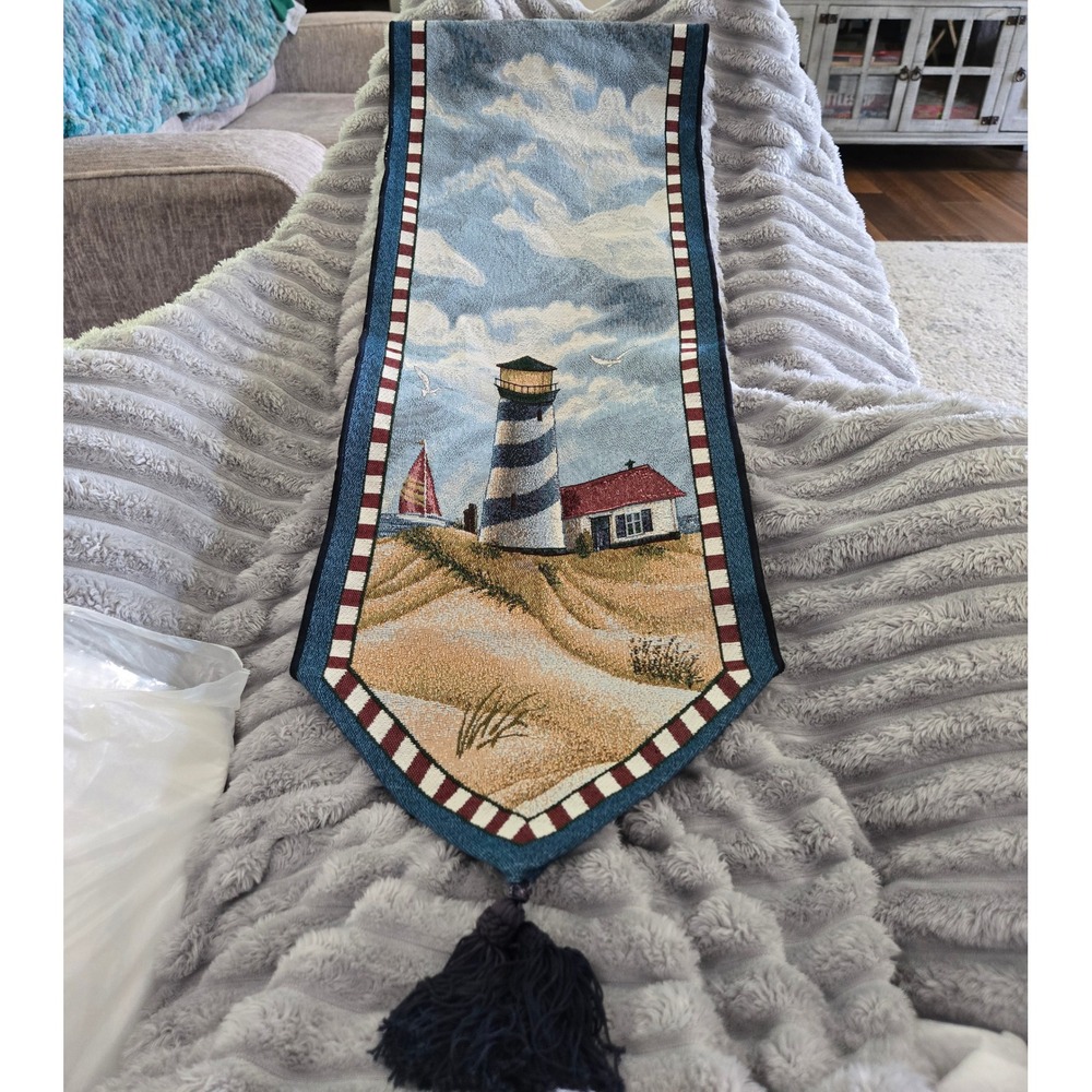 Nautical Lighthouse Woven Tapestry Table Runner Tassel Coastal Beach Decor 35in
